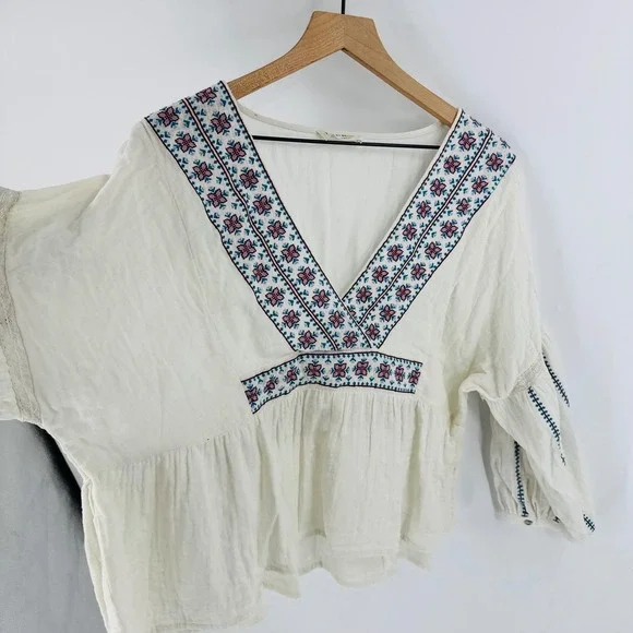 Lucky Brand Ivory Embroidered Cotton Gauze Peasant Blouse Size L Boho Peasant - Picture 8 of 9